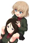  2girls :d absurdres black_skirt blonde_hair blue_eyes blush bob_cut brown_footwear carrying child closed_mouth dutch_angle fang girls_und_panzer green_jacket highres jacket katyusha_(girls_und_panzer) looking_at_viewer medium_hair military military_uniform multiple_girls nonna_(girls_und_panzer) open_mouth red_shirt sekina shirt shoes shoulder_carry simple_background skirt smile uniform white_background 