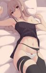  1girl absurdres act_(xadachit) armpits arms_up bangs bare_arms bare_shoulders bed bed_sheet black_legwear blue_eyes bow bow_panties breasts camisole clenched_hands collarbone commentary commentary_request garter_belt garter_straps girls_frontline hair_over_shoulder head_tilt highres legs_together long_hair looking_at_viewer lying midriff multicolored_hair navel off_shoulder on_back on_bed panties partial_commentary pillow pink_hair purple_hair sidelocks small_breasts solo st_ar-15_(girls_frontline) streaked_hair thigh-highs thigh_strap underwear white_panties 