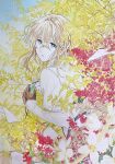  1girl absurdres black_gloves blonde_hair blue_eyes blue_sky braid colored_pencil_(medium) flower from_side gem gloves highres holding holding_jewelry holding_necklace jewelry leaf looking_at_viewer necklace outdoors parted_lips red_ribbon ribbon short_hair sky solo traditional_media violet_evergarden violet_evergarden_(character) weekly_sato white_flower 