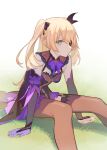  1girl bangs bare_shoulders blonde_hair blush bodystocking bow breasts eyepatch fischl_(genshin_impact) genshin_impact gloves green_eyes hair_over_one_eye highres hks_(timbougami) long_hair looking_at_viewer medium_breasts purple_bow purple_neckwear single_glove single_leg_pantyhose single_thighhigh sitting thigh-highs thighs two_side_up 