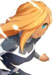  1girl absurdres blonde_hair blue_eyes bodysuit dark_skin dark-skinned_female grey_bodysuit hair_over_one_eye highres inazuma_eleven_(series) leaning_forward long_hair looking_at_viewer microphone one_eye_covered open_mouth reiza sekina simple_background solo standing white_background 
