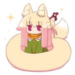  1girl alternate_hair_length alternate_hairstyle animal_ear_fluff animal_ears bangs blonde_hair blush brown_scarf commentary_request eyebrows_visible_through_hair fox_ears fox_girl fox_tail full_body green_shirt hair_between_eyes hair_bun hair_ornament highres kemomimi-chan_(naga_u) long_hair looking_at_viewer naga_u original scarf shadow shirt simple_background solo sparkle tail violet_eyes white_background 