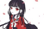  1girl alternate_hairstyle bangs black_hair blunt_bangs breasts collarbone commentary_request dangan_ronpa eyebrows_visible_through_hair harukawa_maki highres long_hair long_sleeves looking_at_viewer mole mole_under_eye new_dangan_ronpa_v3 open_mouth parted_lips petals red_eyes sailor_collar satori_(blueinc324) school_uniform serafuku shirt shirt_tucked_in simple_background skirt small_breasts solo upper_body very_long_hair white_background 