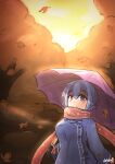 1girl absurdres artist_name autumn autumn_leaves blue_coat blue_eyes blue_hair clouds coat commentary debaa expressionless eyebrows_visible_through_hair falling_leaves heterochromia highres holding holding_umbrella leaf looking_at_viewer pink_scarf red_eyes scarf short_hair solo standing sunset tatara_kogasa touhou twilight umbrella upper_body yellow_sky 