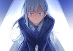  1girl @_@ absurdres bent_over blue_eyes blue_jacket blue_neckwear blue_pants clenched_teeth collared_shirt copyright_request grey_hair grey_shirt highres jacket long_hair looking_at_viewer mole mole_under_eye necktie pants sekina shirt solo spotlight standing sweat teeth wing_collar 