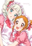  2girls :d aikatsu! aikatsu!_(series) apron arisugawa_otome blush bow bowtie brown_eyes double_bun hair_ribbon highres hug looking_at_viewer maid_apron maid_headdress multiple_girls open_mouth orange_hair pink_shirt puffy_short_sleeves puffy_sleeves red_bow red_neckwear red_ribbon ribbon sekina shirt short_sleeves simple_background smile toudou_yurika twintails white_apron white_background 