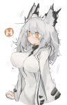  1girl arknights blush bouncing_breasts breasts closed_mouth coat commentary covered_navel covered_nipples cowboy_shot dress eyebrows_visible_through_hair gameplay_mechanics hair_between_eyes large_breasts long_hair looking_down mikojin open_clothes open_coat orange_eyes owl_ears ptilopsis_(arknights) silver_hair simple_background solo sweatdrop white_background white_coat white_dress 