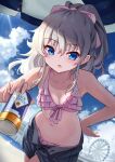  1girl bikini black_shorts blue_eyes blue_sky breasts can canned_coffee charlotte_(anime) clouds day dutch_angle ferris_wheel frilled_bikini frills hair_ribbon highres long_hair netherlands outdoors pink_bikini pink_ribbon ponytail ribbon shorts silver_hair sky small_breasts solo swimsuit tagame_(tagamecat) tomori_nao 