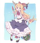  1girl bangs black_footwear blonde_hair blue_background blue_dress bow bowtie bright_pupils chain commentary cosmicmind cube dress fang food fruit full_body hair_bow hand_up holding horn_ornament horn_ribbon horns ibuki_suika long_hair looking_at_viewer popsicle purple_ribbon pyramid red_bow red_eyes red_neckwear ribbon shirt shoes sleeveless sleeveless_shirt smile socks touhou watermelon watermelon_bar white_legwear white_pupils white_shirt wrist_cuffs 