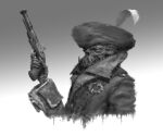  1boy absurdres antique_firearm coat feathers firearm firelock flintlock gradient gradient_background greyscale gun hat hat_feather highres holding holding_gun holding_weapon ji_ho_song male_focus monochrome monster original pirate skeletal_hand solo tusks undead upper_body weapon zombie 