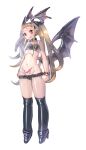  1girl bare_shoulders beltbra black_legwear black_panties blonde_hair blush boots bow_(bhp) bracelet clenched_hands closed_mouth demon_girl demon_wings earrings fang fang_out flat_chest frilled_panties frills full_body head_wings high_heel_boots high_heels highleg highleg_panties hoop_earrings jewelry knee_boots long_hair looking_at_viewer original panties pointy_ears ponytail red_eyes simple_background smile solo standing underwear very_long_hair white_background wings 