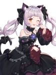 1girl ;d animal_ear_fluff animal_ears bangs bare_shoulders black_bow black_dress black_ribbon blush bow cat_ears cat_girl cat_tail detached_sleeves dress earrings frilled_dress frilled_ribbon frills hair_ribbon highres hololive jewelry long_hair long_sleeves looking_at_viewer murasaki_shion ohihil one_eye_closed open_mouth paw_pose ribbon side_slit silver_hair simple_background smile solo striped striped_bow tail tail_bow tail_ribbon twintails virtual_youtuber white_background