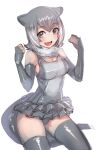  1girl :d animal_ears arms_up blush bow_(bhp) breasts brown_eyes clenched_hands commentary elbow_gloves eyebrows_visible_through_hair fingerless_gloves frilled_swimsuit frills fur_collar gloves gradient_hair kemono_friends large_breasts looking_at_viewer multicolored_hair open_mouth otter_ears otter_tail short_hair simple_background small-clawed_otter_(kemono_friends) smile solo swimsuit tail thigh-highs white_background 