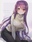  1girl bangs between_legs black_pants blush breasts casual commentary doki_doki_literature_club english_text eyebrows_visible_through_hair hair_between_eyes hair_ornament hairclip hand_between_legs hand_on_own_chest highres large_breasts long_hair looking_at_viewer pants purple_hair ribbed_sweater sitting solo sweater touko_56 turtleneck turtleneck_sweater very_long_hair violet_eyes yuri_(doki_doki_literature_club) 
