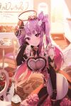  1girl alpha_(ypalpha79) bow bowtie breasts elbow_gloves fingerless_gloves flower frills gloves hair_bow hair_ornament halo heart heart-shaped_pupils highres large_breasts long_hair looking_at_viewer maid original purple_hair restaurant rose solo symbol-shaped_pupils tray twintails upturned_eyes violet_eyes 