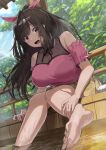  1girl bare_shoulders barefoot breasts brown_hair commentary_request dutch_angle fingernails foot_bath hair_ribbon high_ponytail highres idolmaster idolmaster_shiny_colors large_breasts long_hair looking_at_viewer miniskirt noeru pink_eyes pink_shirt ribbon shirt sitting skirt solo tsukioka_kogane water wet 