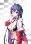  1girl absurdres ahoge azur_lane bangs bare_shoulders bikini black_bikini black_choker blue_hair breasts checkered checkered_background choker collarbone cowboy_shot hair_between_eyes hand_up highres jacket large_breasts long_hair long_sleeves looking_at_viewer navel off_shoulder official_alternate_costume open_clothes open_jacket open_mouth red_eyes red_jacket solo stomach swimsuit taihou_(azur_lane) tongue tongue_out very_long_hair wan_xing 