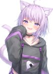  1girl :3 ahoge animal_ear_fluff animal_ears black_choker black_hoodie blush breasts cat_ears cat_tail cheek_squash choker commentary_request cowboy_shot eyebrows_visible_through_hair fang hair_between_eyes hand_on_own_cheek hand_on_own_face highres hololive hood hoodie light_purple_hair looking_at_viewer medium_breasts medium_hair midriff nekomata_okayu onigiri_print open_mouth pants sleeves_past_fingers sleeves_past_wrists smile solo tail topia violet_eyes virtual_youtuber white_pants 
