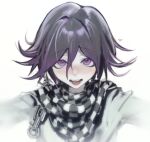  1boy bangs black_hair blurry chain checkered checkered_scarf commentary dangan_ronpa depth_of_field face hair_between_eyes heart highres jacket kyandii looking_at_viewer male_focus messy_hair multicolored_hair new_dangan_ronpa_v3 open_mouth ouma_kokichi purple_hair scarf short_hair simple_background smile solo straitjacket two-tone_hair upper_body violet_eyes white_background white_jacket 