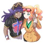  1boy 1girl baseball_cap brown_coat champion_uniform coat dark_skin dark_skinned_male dededsw_123 eyewear_on_head facial_hair green_eyes green_nails green_shirt hair_ornament hat heart heart_hair_ornament leon_(pokemon) long_hair nail_polish orange_hair pokemon pokemon_(anime) pokemon_(game) pokemon_swsh purple_hair ribbed_shirt shirt short_sleeves side_ponytail sonia_(pokemon) sunglasses yellow_eyes 