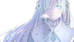  1girl anastasia_(fate) aqua_eyes brown_hairband commentary_request fate/grand_order fate_(series) hair_over_one_eye hairband jewelry lens_flare long_hair looking_at_viewer open_mouth pendant royal_robe seki_(sekixview) simple_background solo white_background white_hair 