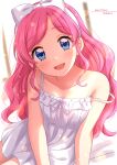  1girl :d absurdres aikatsu! aikatsu!_(series) amahane_madoka blue_eyes blurry blush bokeh bow bow_hairband dated depth_of_field dress english_text hair_bow hairband happy_birthday highres light_rays looking_at_viewer neck_ribbon open_mouth pink_hair ribbon sekina sitting smile solo strap_slip white_bow white_dress white_hairband yokozuwari 