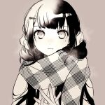  1girl bangs blunt_bangs closed_mouth commentary_request dangan_ronpa expressionless grey_background greyscale hair_ornament hair_scrunchie hairclip hands_up harukawa_maki long_hair looking_at_viewer low_twintails mole mole_under_eye monochrome new_dangan_ronpa_v3 portrait scarf scrunchie shiny shiny_hair simple_background solo twintails zang_li 