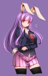  1girl animal_ears arm_under_breasts bangs black_legwear blazer breasts bunny_tail closed_mouth contrapposto cowboy_shot crescent cropped_legs flying_sweatdrops highres jacket large_breasts long_hair looking_at_viewer miniskirt necktie pleated_skirt purple_background purple_hair purple_skirt rabbit_ears raptor7 red_eyes red_neckwear reisen_udongein_inaba simple_background skirt solo standing symbol_commentary tail thigh-highs touhou very_long_hair zettai_ryouiki 