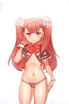  1girl bikini bow bow_(bhp) bowtie closed_mouth copyright_request cowboy_shot hair_bow hair_ornament hairclip hand_up highres long_hair looking_at_viewer red_bow red_eyes red_neckwear redhead simple_background smile solo swimsuit twintails white_background wristband 