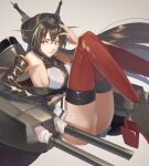  1girl black_gloves black_hair cannon commentary_request elbow_gloves fingerless_gloves gloves grey_background headgear highres kabocha_(monkey4) kantai_collection long_hair machinery miniskirt nagato_(kantai_collection) panties pleated_skirt red_eyes red_neckwear simple_background skirt smokestack solo thigh-highs turret underwear white_panties white_skirt 