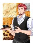  0402ma_(maico) 1boy 2bro. artist_name barista beard black_vest coffee_beans cup facial_hair highres holding holding_tray looking_at_viewer male_focus mug red_eyes redhead shirt sleeves_rolled_up solo tray vest white_shirt 