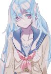  1girl blue_hair breasts collarbone eyebrows_visible_through_hair hair_behind_ear hair_between_eyes long_hair looking_to_the_side mole mole_under_eye original puchipuchi red_eyes school_uniform small_breasts smile upper_body white_background 