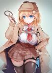  1girl blonde_hair blue_eyes bow breasts brown_coat brown_legwear coat cowboy_shot grey_background hand_on_hip hat hat_bow high-waist_skirt highres holding_magnifying_glass hololive hololive_english holster large_breasts looking_at_viewer mafuyu magnifying_glass miyuki_rei necktie parted_lips plaid plaid_skirt pocket_watch red_neckwear short_necktie sketch skirt solo stethoscope syringe syringe_holster thigh-highs thigh_holster thighs trench_coat vignetting watch watson_amelia zettai_ryouiki 