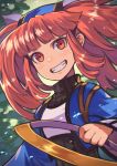  1girl bangs chakram dewprism eyebrows_visible_through_hair grin holding holding_weapon long_hair long_sleeves looking_at_viewer mint_(dewprism) red_eyes redhead rumie sidelocks smile solo teeth turtleneck twintails upper_body weapon wide_sleeves 