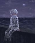  1boy arm_support blue_eyes full_moon grey_jacket grey_pants high_collar highres horizon jacket long_sleeves looking_at_viewer male_focus moon night ocean original outdoors pants parted_lips short_hair sitting sky sleeves_past_wrists solo uzmaki_tamago water white_hair wind 