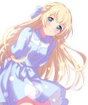  1girl absurdres aikatsu!_(series) aikatsu_stars! arms_behind_back blonde_hair blue_bow blue_dress blue_eyes blush bow closed_mouth dot_nose dress hair_bow head_tilt highres leaning_to_the_side long_hair long_sleeves looking_at_viewer sekina shiratori_hime simple_background smile solo white_background 