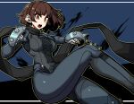  1girl absurdres bangs black_scarf braid breasts brown_hair clenched_hands crown_braid floating floating_hair hair_behind_ear highres leaning_back looking_at_viewer masgamjya medium_breasts niijima_makoto persona persona_5 scarf short_hair solo spiked_knuckles spikes teeth v-shaped_eyebrows 