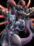  armor aura black_background commentary_request digitigrade dual_persona exoskeleton gen_1_pokemon glowing glowing_eyes gonzarez legendary_pokemon looking_at_viewer mewtwo no_humans pokemon pokemon_(anime) pokemon_(classic_anime) pokemon_(creature) pokemon_m01 pokemon_m22 simple_background standing tail 