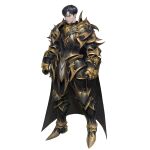  1boy absurdres armor black_armor black_cape black_hair breastplate cape clenched_hands closed_mouth gauntlets gold gold_trim greaves green_eyes hair_between_eyes highres ji_ho_song knight male_focus original scratches simple_background solo standing vambraces white_background 