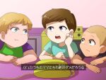  3boys black_shirt blonde_hair blue_eyes blue_shirt brown_eyes brown_hair clarence clarence_wendle eyebrows green_shirt japanese_text jeff_randell open_mouth rukuru0oekaki ryan_sumouski table teeth yellow_hair 