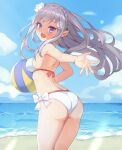  1girl :d amanoyui ass back ball bare_legs beach beachball bikini blue_sky bow braid breasts clouds day emilia_(re:zero) eyebrows_visible_through_hair flower hair_flower hair_ornament highres holding holding_ball long_hair looking_at_viewer ocean open_mouth outdoors outstretched_arm pointy_ears re:zero_kara_hajimeru_isekai_seikatsu sideboob sidelocks silver_hair sky smile solo swimsuit thighs violet_eyes x_hair_ornament 