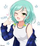  1girl ;d aqua_hair bang_dream! bangs bare_shoulders blue_jacket blush bow braid breasts character_name collarbone commentary_request eyebrows_visible_through_hair fang floral_background green_eyes hair_bow hand_up heart hikawa_hina jacket long_hair long_sleeves looking_at_viewer medium_breasts nail_polish off_shoulder one_eye_closed open_clothes open_jacket open_mouth pink_nails plaid_jacket shirt simple_background sleeveless sleeveless_shirt smile solo sonosakiburi twin_braids v white_background white_shirt yellow_bow 