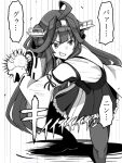  1girl ahoge boots burning_love_(phrase) detached_sleeves double_bun energy energy_ball grin hairband hakama_skirt headgear highres japanese_clothes kamehameha kantai_collection kongou_(kantai_collection) long_hair monochrome nontraditional_miko remodel_(kantai_collection) ribbon-trimmed_sleeves ribbon_trim smile solo thigh-highs thigh_boots translation_request tsusshi 