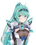  1girl arms_behind_back bangs breasts chest_jewel earrings gem green_eyes green_hair highres jewelry large_breasts leaning_forward long_hair long_ponytail looking_at_viewer pneuma_(xenoblade) ponytail sarasadou_dan simple_background smile solo swept_bangs tiara upper_body white_background xenoblade_chronicles_(series) xenoblade_chronicles_2 