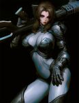  1girl armored_bodysuit armored_boots bangs black_background blue_eyes boots breasts brown_hair gun hand_on_own_thigh holding holding_gun holding_weapon infi large_breasts leaning original over_shoulder power_armor science_fiction skin_tight solo thick_lips v-shaped_eyebrows weapon 