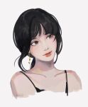  1girl artist_name black_eyes black_hair clivenzu closed_mouth commentary earrings english_commentary head_tilt heart heart_earrings jewelry lipstick makeup original ponytail portrait red_lips red_lipstick simple_background solo spaghetti_strap upper_body white_background 