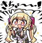  +_+ 1girl :d ahoge bangs blonde_hair blush bow breasts chibi collared_shirt eyebrows_visible_through_hair hair_bow hands_up jacket kanikama long_hair long_sleeves looking_at_viewer lowres medium_breasts nijisanji open_mouth purple_bow shirt smile solo sparkle sweat takamiya_rion translation_request twintails v-shaped_eyebrows very_long_hair violet_eyes virtual_youtuber white_background white_bow white_jacket white_shirt 