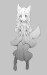  1girl absurdres animal_ear_fluff animal_ears bangs blush boots braid collar collarbone commentary_request dress eyebrows_visible_through_hair fang full_body gloves grey_background greyscale hair_over_shoulder hair_ribbon hands_up highres jacket long_hair long_sleeves looking_at_viewer low_twintails monochrome open_mouth original ribbon shone simple_background sitting solo tail_raised twin_braids twintails v-shaped_eyebrows 