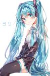  1girl absurdres ayatsuki_sugure between_legs black_legwear black_skirt blue_eyes blue_hair collared_shirt detached_sleeves eyebrows_visible_through_hair eyes_visible_through_hair hair_between_eyes hair_intakes hair_ornament hand_between_legs hatsune_miku headphones highres long_hair long_sleeves necktie number_tattoo pleated_skirt shirt simple_background sitting skirt smile solo tattoo thigh-highs twintails very_long_hair vocaloid white_background white_shirt 