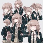  1girl alternate_hair_length alternate_hairstyle backpack bag bangs black_jacket blush braid breasts brown_skirt cat_bag closed_eyes collared_shirt criis-chan dangan_ronpa double_bun from_side grey_background hair_ornament hairclip half-closed_eye hand_up hood jacket light_brown_hair long_hair long_sleeves looking_at_viewer low_twintails nanami_chiaki neck_ribbon one_eye_closed open_mouth pink_bag pink_ribbon ponytail ribbon school_uniform shirt shirt_tucked_in short_hair simple_background skirt sleeping super_dangan_ronpa_2 symbol_commentary twintails upper_body upper_teeth white_shirt yawning zzz 
